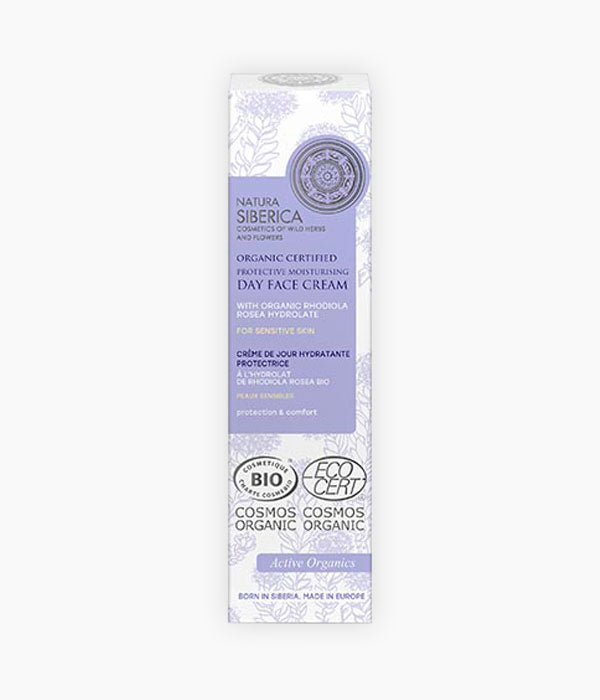 Crema facial de dia, Hidratant i protectora - Natura Siberica - Aquesta crema hidrata i protegeix la pell de les inclemències ambientals externes deixant una sensació de confort. Protegeix, calma i hidrata les pells més sensibles.Amb l'hidrolat de Rhodiola Rosea, que calma i reforça la barrera natural de protecció de la pell. L'Àcid Hialurònic, s'encarrega de donar fermesa i elasticitat a la pell mentre que el Pi siberià, la nodreix i la suavitza la pell. La Vitamina E, és un un potent antioxida
