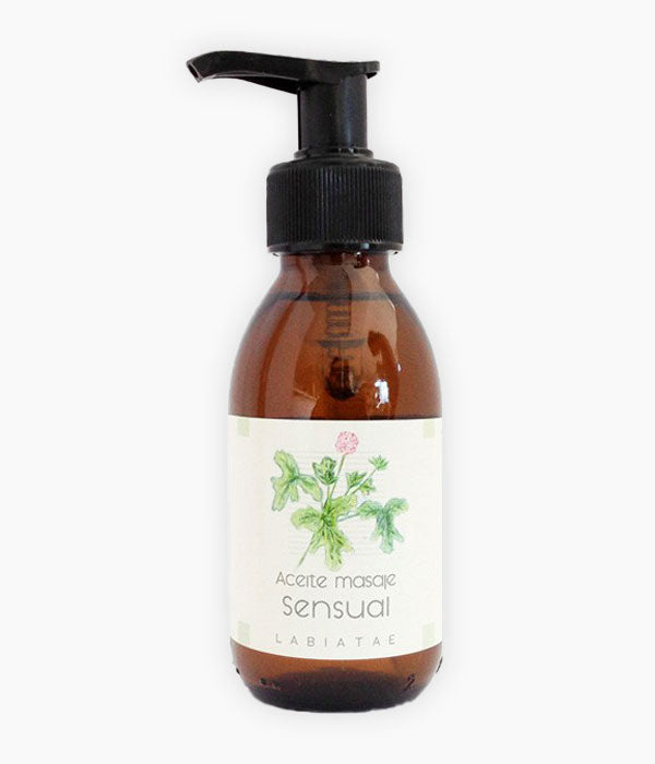 Oli de massatge Sensual - Labiatae - Fusió d'oli d'Ametlles dolces amb olis essencials 100% purs d'Espígol, Ylang-Ylang, Gerani. Amb un aroma seductor que convida al plaer i la seducció. Acció relaxant per gaudir dels sentits. Envàs de vidre 125 ml.Apte vegans i certificat CAAE. INCI/INGREDIENTS: Lavandula angustifolia*, Cananga odorata*, Pelargonium graveolens*, Prunus dulci.*Ingredient provinent d'agricultura ecològica. - Tarannà cosmética natural online