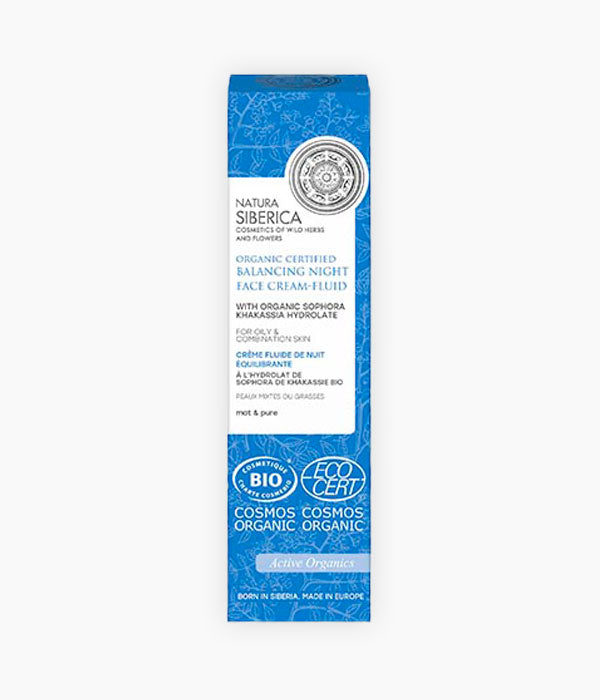 Crema facial fluïda de nit Equilibrant - Natura Siberica - Aquesta crema fluïda, gràcies a la seva textura lleugera, té un efecte matificant i deixa la pell perfecta i suau.hidrataAmb l'hidrolat de Sofora de Jakasia, rica en flavonoides i vitamina P, ajuda a calmar i equilibrar les glàndules sebàcies. L'Àcid Hialurònic, s'encarrega de donar fermesa i elasticitat a la pell mentre que el Pi siberià, la nodreix i la suavitza la pell. La Vitamina E, és un un potent antioxidant, que alenteix el procé