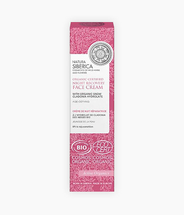 Crema facial Recuperació nocturna - Natura Siberica - Aquesta crema millora l'elasticitat de la pell activant la regeneració natural mentre reafirma el contorn facials i redueix les arrugues.Amb l'hidrolat de Cladonia Nevada, ric amb àcid úsnic un potent antioxidant que frena els signes d'envelliment a més de recuperar la fermesa de la pell. L'Àcid Hialurònic, s'encarrega de donar fermesa i elasticitat a la pell mentre que el Pi siberià, la nodreix i la suavitza la pell. La Vitamina E, és un un 