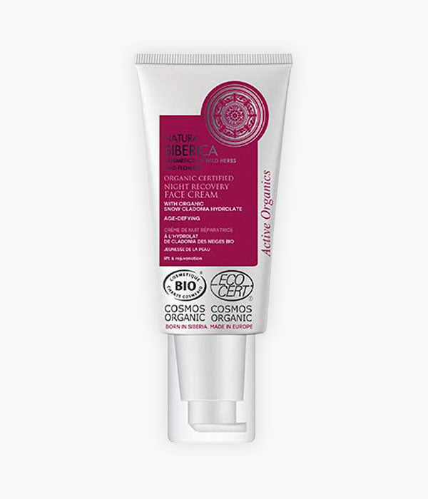 Crema facial Recuperació nocturna - Natura Siberica - Aquesta crema millora l'elasticitat de la pell activant la regeneració natural mentre reafirma el contorn facials i redueix les arrugues.Amb l'hidrolat de Cladonia Nevada, ric amb àcid úsnic un potent antioxidant que frena els signes d'envelliment a més de recuperar la fermesa de la pell. L'Àcid Hialurònic, s'encarrega de donar fermesa i elasticitat a la pell mentre que el Pi siberià, la nodreix i la suavitza la pell. La Vitamina E, és un un 